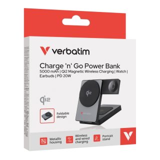Verbatim Foldable 3-in-1 Qi2 Magnetic Wireless Power Bank 5000 mAh Grey