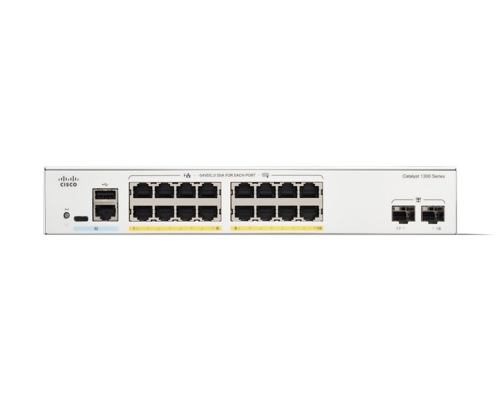 Cisco Catalyst 1300 16-портов GE, PoE, 2x1G SFP комутатор