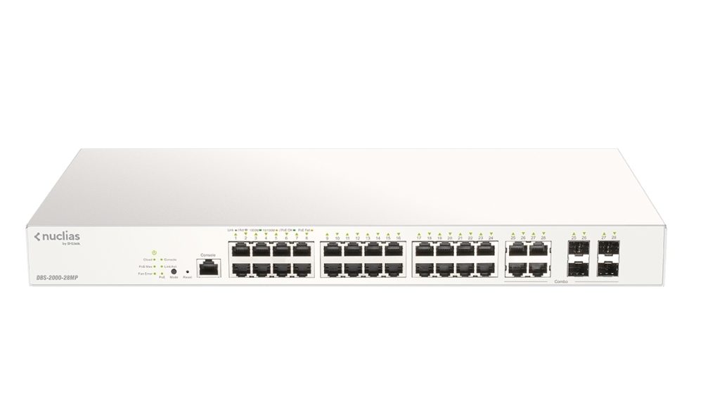 D-Link 28-портов Gigabit PoE+ Nuclias Smart Managed комутатор с 4x 1G Combo порта, 370W (с 1-годишен лиценз)