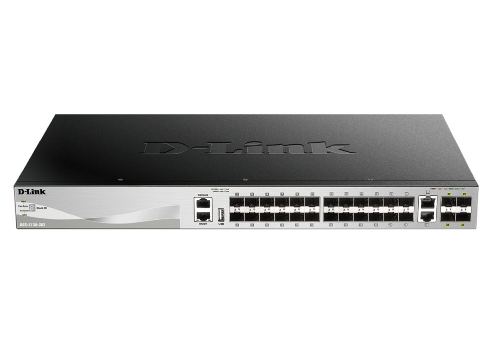 D-Link 24 SFP порта Layer 3 Stackable Managed Gigabit Switch с 2x10GBASE-T порта и 4xSFP+ порта