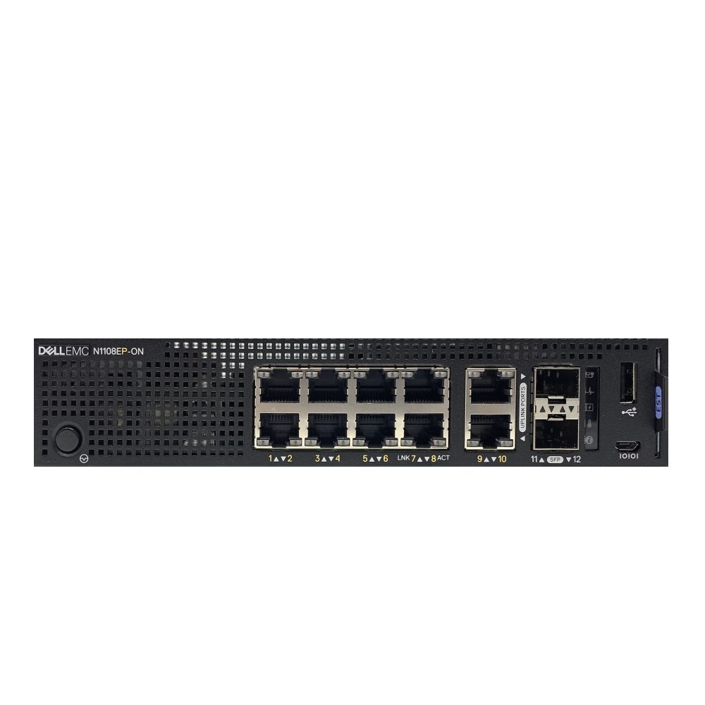 Dell EMC Switch N1108EP-ON, Gigabit, L2, 8x 10/100/1000Mbps half/full duplex порта, 2x GbE RJ45 и 2x GbE SFP интерфейса, 8xPoE/PoE+, DNN1108EP, 137W PoE power budget RJ45, FastPoE, Perpetual PoE, 1 RU half-width, fanless operation, LL Hardware Warranty