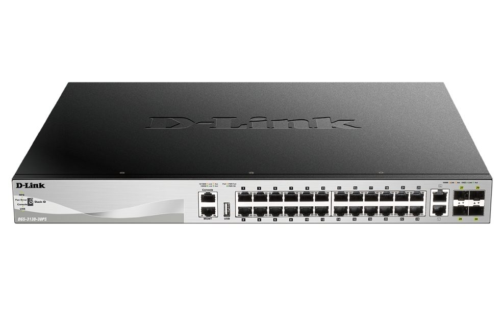 D-Link 24x10/100/1000Base-T PoE порта (370W бюджет) Layer 3 Stackable Managed Gigabit Switch с 2x10GBASE-T порта и 4xSFP+ порта