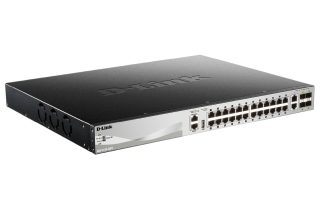 D-Link 24x10/100/1000Base-T PoE порта (370W бюджет) Layer 3 Stackable Managed Gigabit Switch с 2x10GBASE-T порта и 4xSFP+ порта
