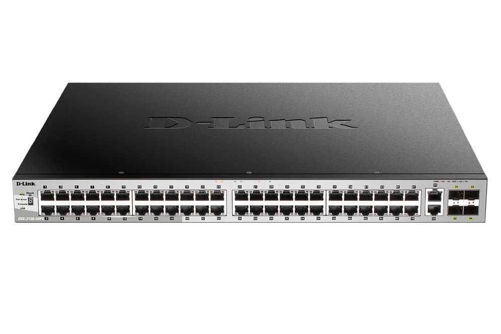 D-Link DGS-3130-54PS 48x10/100/1000BASE-T PoE порта (370W бюджет) Layer 3 Stackable Managed Gigabit Switch с 2x10GBASE-T порта и 4xSFP+ порта
