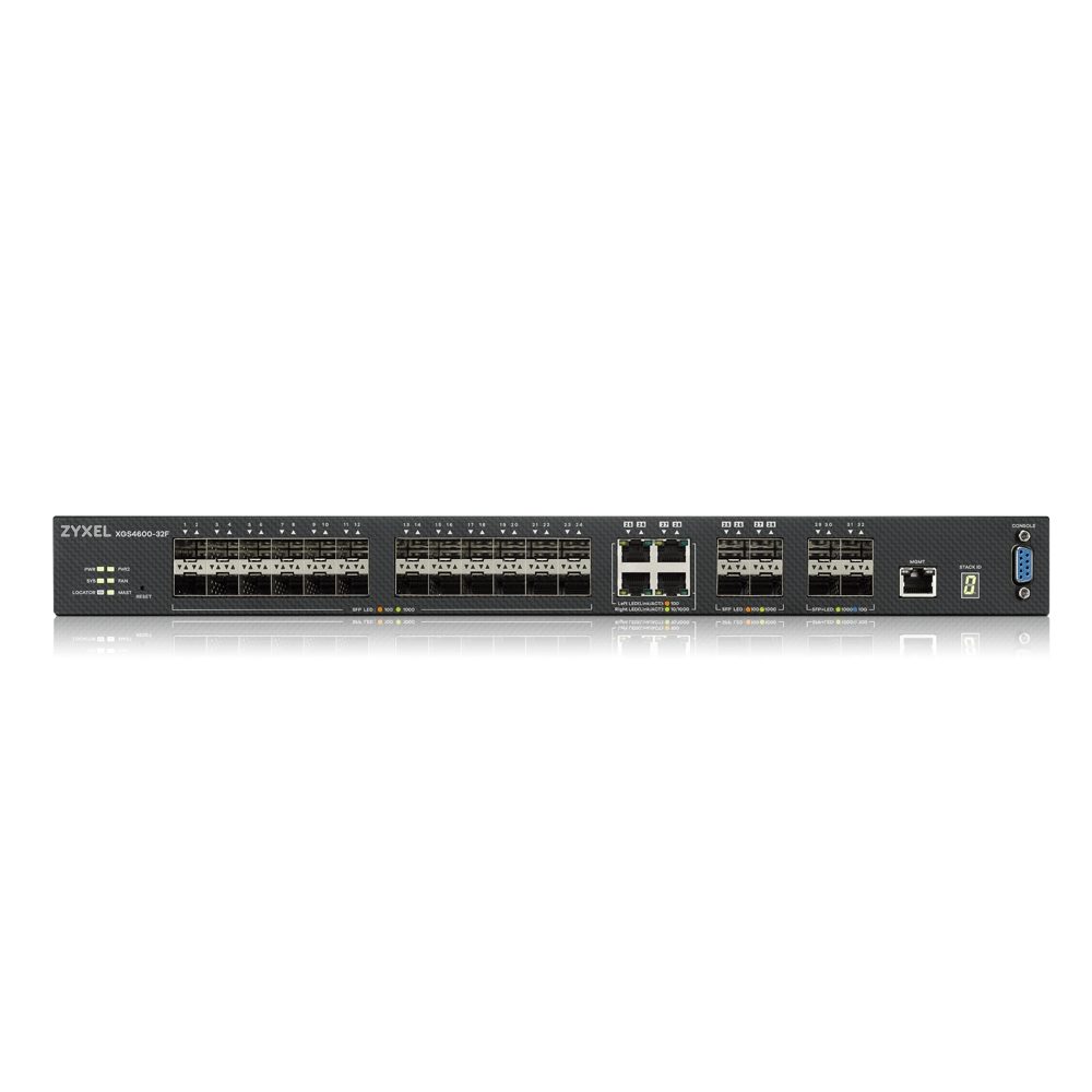 ZyXEL XGS4600-32F L3 управляем комутатор, 24 порта Gig SFP, 4 dual pers. и 4x 10G SFP+, стекруем, с двоен захранващ модул