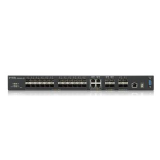 ZyXEL XGS4600-32F L3 управляем комутатор, 24 порта Gig SFP, 4 dual pers. и 4x 10G SFP+, стекруем, с двоен захранващ модул