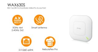 ZyXEL WAX630S Аксес-пойнт, 802.11ax 4x4 Smart Antenna, Single Pack, EU/UK, 1 година NCC Pro лиценз