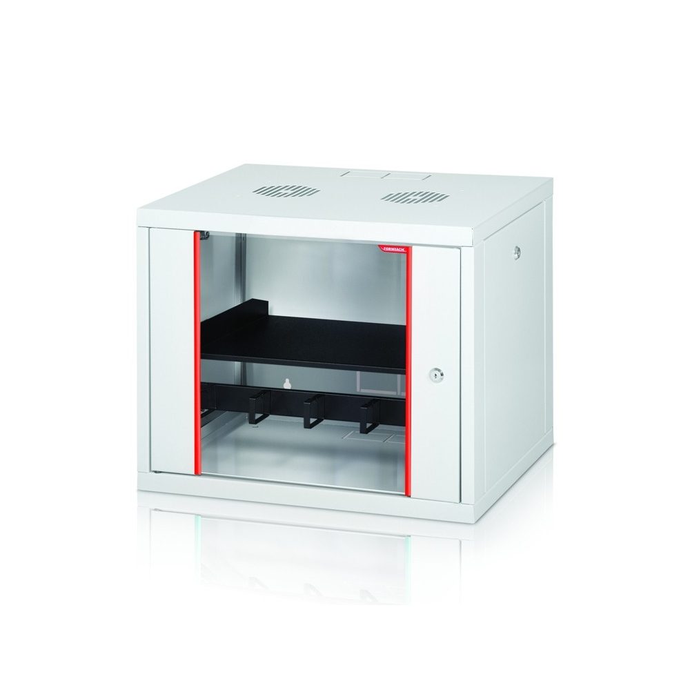 Formrack 19" стенен комуникационен шкаф 7U 555/450mm, подвижни заключващи се странични панели, височина: 371mm, товароносимост: 100kg, врата от закалено стъкло, 19" предни релси (задни релси по избор)