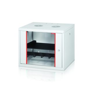 Formrack 19" стенен комуникационен шкаф 7U 555/450mm, подвижни заключващи се странични панели, височина: 371mm, товароносимост: 100kg, врата от закалено стъкло, 19" предни релси (задни релси по избор)