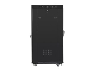LANBERG комуникационен шкаф 19" свободностоящ 27U/800x1200 (плосък пакет) със стъклена врата LCD, горен панел с вентилаторен модул: включени 4 вентилатора, черен