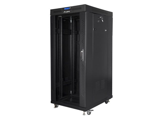 LANBERG комуникационен шкаф 19" свободностоящ 27U/800x1200 (плосък пакет) със стъклена врата LCD, горен панел с вентилаторен модул: включени 4 вентилатора, черен