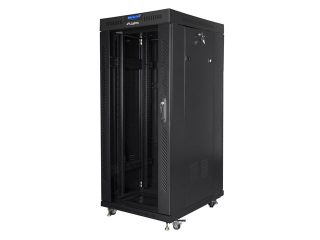 LANBERG комуникационен шкаф 19" свободностоящ 27U/800x1200 (плосък пакет) със стъклена врата LCD, горен панел с вентилаторен модул: включени 4 вентилатора, черен