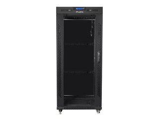 LANBERG комуникационен шкаф 19" свободностоящ 27U/800x1200 (плосък пакет) със стъклена врата LCD, горен панел с вентилаторен модул: включени 4 вентилатора, черен