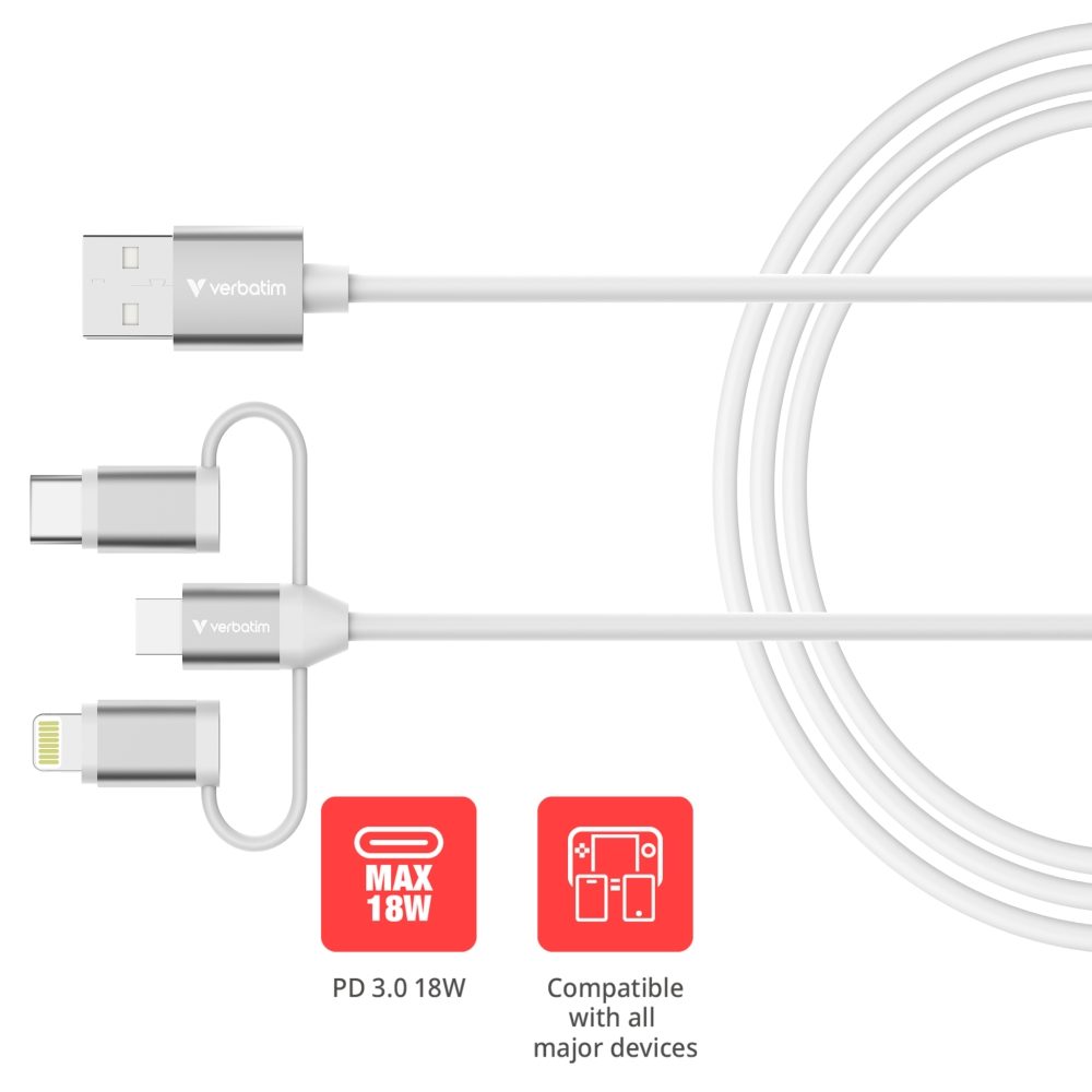 Verbatim Sync & Charge Cable 3-in-1 USB-A to Micro-B/USB-C/Lightning 18W 100cm - White