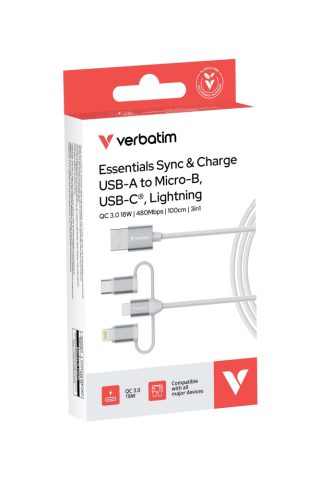 Verbatim Sync & Charge Cable 3-in-1 USB-A to Micro-B/USB-C/Lightning 18W 100cm - White