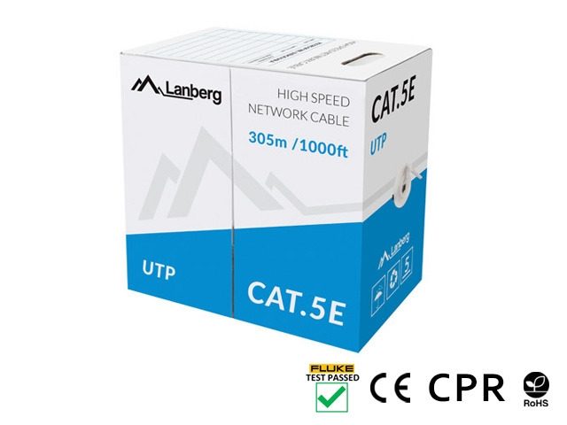 Lanberg LAN кабел CAT.5e U/UTP 305м плътна мед, сив, CPR + преминал Fluke тест