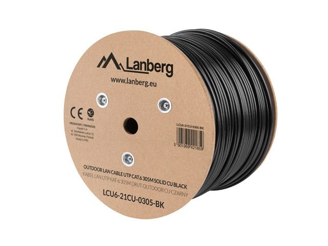 Lanberg LAN кабел CAT.6 UTP 305m плътен външен CU, Fluke passed, Черен