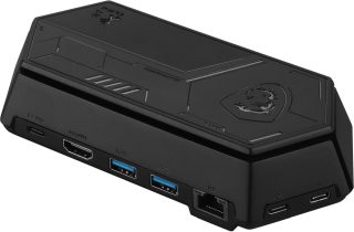 MSI Nest докинг станция с USB-C кабел, съвместима с всички MSI Claw гейминг конзоли, USB-C с PD 100W, HDMI 2.0 (4K/60Hz), USB-C 3.2 (5Gb/s), 2 x USB-A 3.2 (5Gb/s), RJ45 (10/100/1000 Mbps), 16.5 x 8 x 3.65cm, 0.206kg