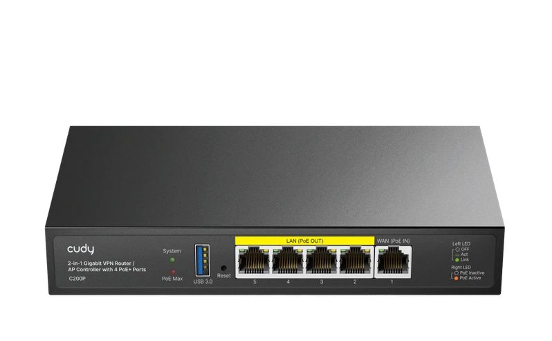 Cudy C200P 2-IN-1 AP контролер, 1 Gigabit Ethernet + 4 Gigabit PoE+ PSE порта + 1 USB 3.0, PSE изход до 30 вата на порт