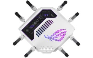 Asus Gaming Rapture GT-BE19000AI, BE19000, трилентов гейминг рутер, WiFi 7, 802.11be, до 3 500 кв. фута и 200+ устройства, тройно ниво на защита, поддръжка на AiMesh Whole Home Mesh WiFi, два 10G порта, AI WAN откриване, енергоспестяващ режим, AI Game Boost, Gaming Port