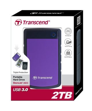 Transcend 2TB, 2.5" преносим HDD, StoreJet H3, лилав, удароустойчив