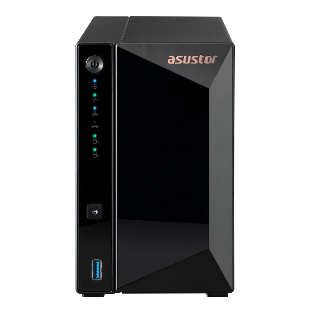 Asustor AS3302T_V2, 2-класов NAS, Realtek RTD1619B, Quad-Core, 1.7GHz, 2GB DDR4, 2.5GbE x1, USB3.2 Gen1 x3, WOW (Wake on WAN), монтаж без инструменти, горещо сменяеми колички, хардуерно криптиране, MyArchive, EZ Connect, EZ Sync, WoL, System Sleep Mode