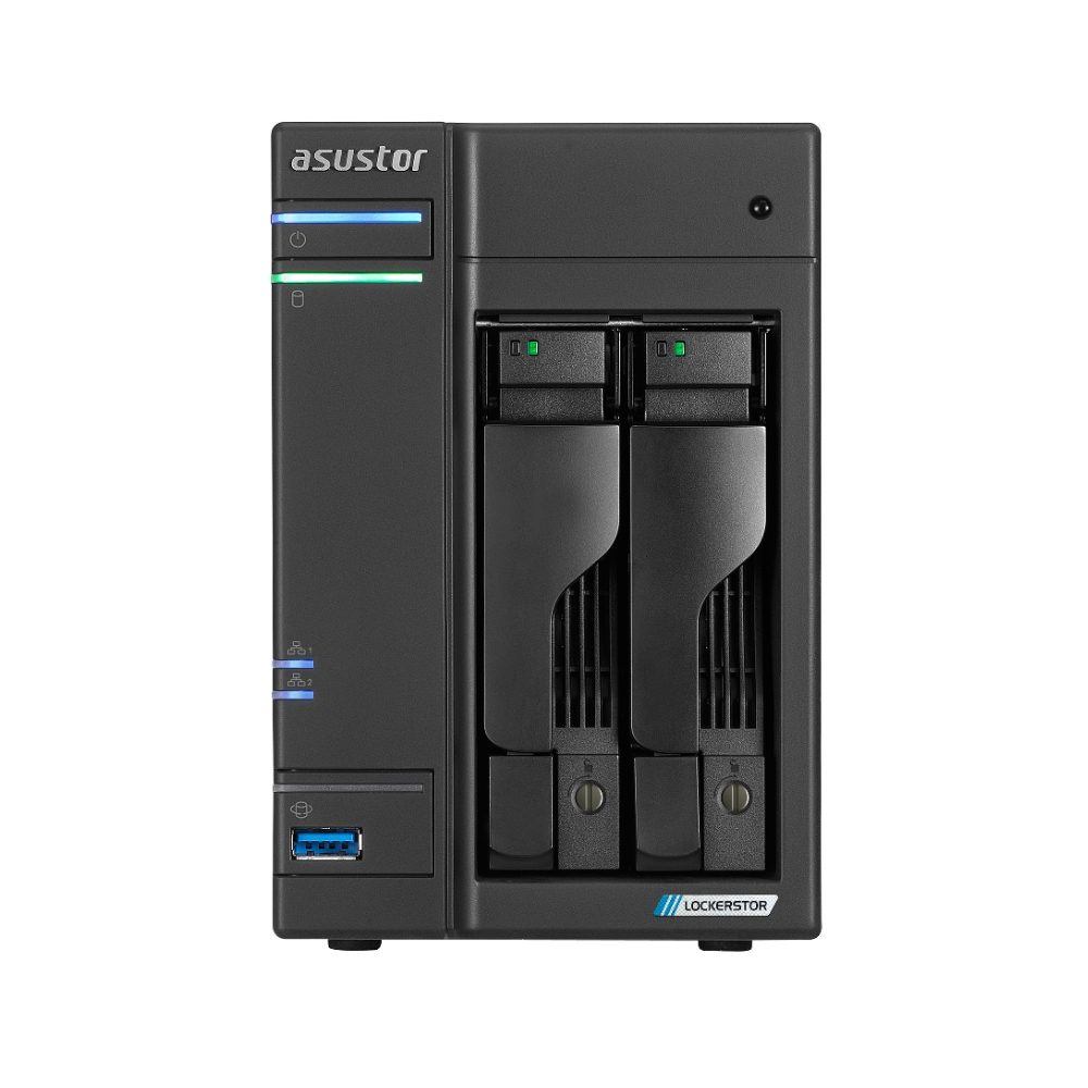 Asustor Lockerstor AS6702T, 2 Bay NAS, Intel Jasper Lake 4C 2.0 GHz, 4GB DDR4 SODIMM, M.2 NVMe x4 слота (без дискове), USB 3.2 Gen 2x2, Dual 2.5GbE портове, WOW (Wake on WAN), AES-NI хардуерно криптиране, MyArchive (поддръжка btrfs и snapshot), SSD Caching