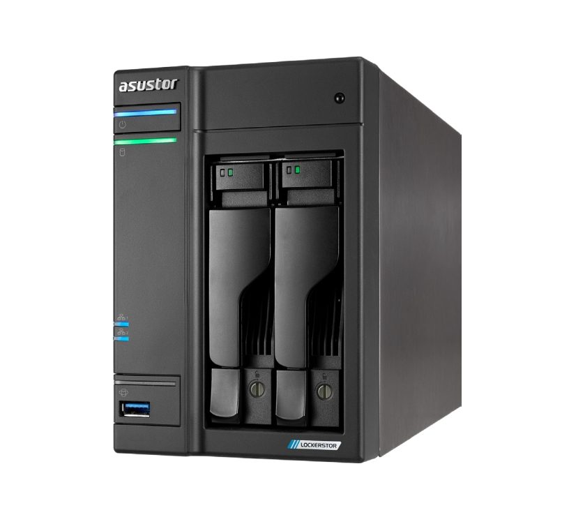 Asustor Lockerstor AS6702T, 2 Bay NAS, Intel Jasper Lake 4C 2.0 GHz, 4GB DDR4 SODIMM, M.2 NVMe x4 слота (без дискове), USB 2.0, USB 3.2 Gen 2x2, Dual 5GbE порта, WOW (Wake on WAN), AES-NI хардуерно криптиране, MyArchive (поддържа btrfs и snapshot), Черен