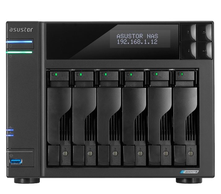 Asustor Lockerstor AS6706, 6-bay NAS, Intel Jasper Lake Quad-Core 2.0GHz, 8GB DDR4 RAM, 2.5GbE x 2, M.2 SSD слотове x 4 (без дискове), USB 3.2 Gen 2x2, безолтов монтаж, с гореща смяна, хардуерно криптиране, MyArchive, EZ connect, EZ Sync, черен