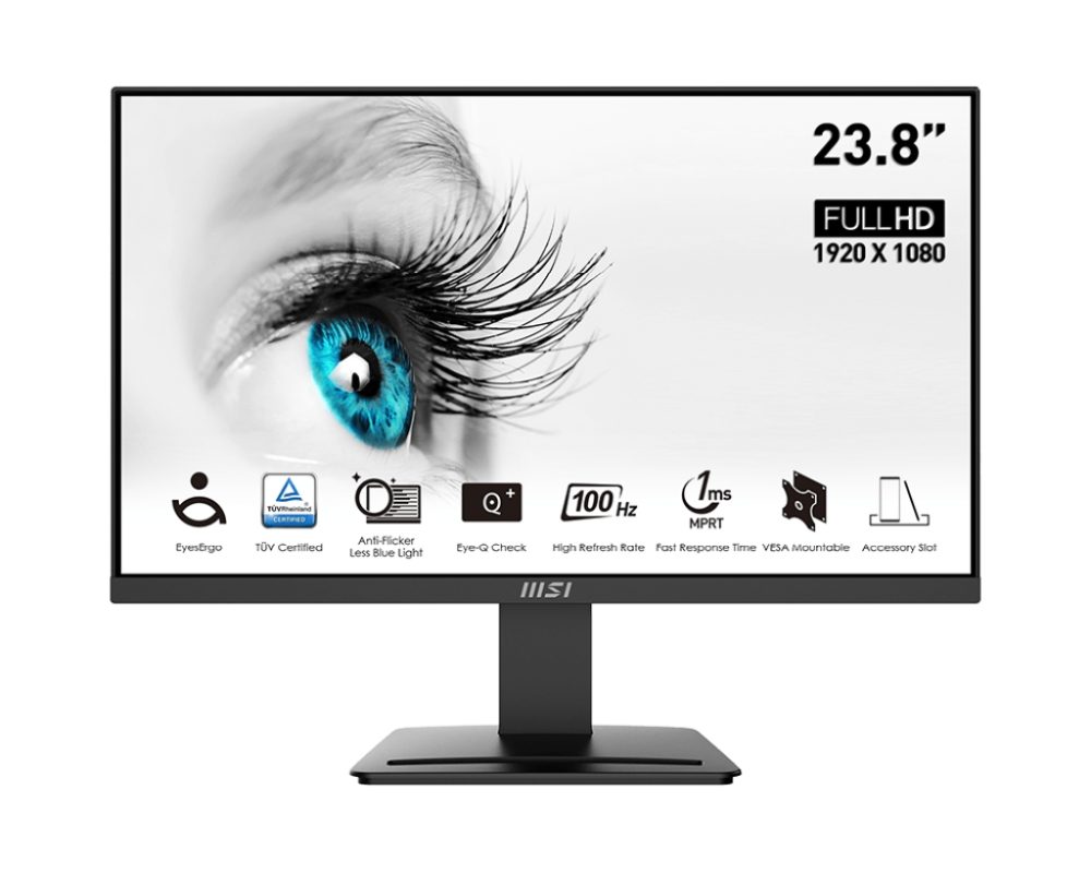 Монитор MSI PRO MP2412, 23.8", 100Hz, 1920x1080 FHD, VA, 1ms MPRT, 4ms GTG, 4000:1 контрастно съотношение, Anti-glare, 1x HDMI, 1x DP, VESA 75, Tilt, 300 cd/m2, 113% (CIE 1976), VESA 75mm, Display Kit App, TÜV сертифициран anti-flicker, 9S6-3BA9CH-042