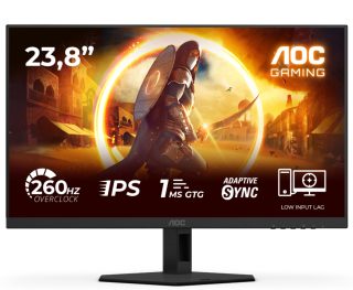 AOC 24G4ZR 23.8" Fast IPS WLED гейминг монитор, 1920x1080@260Hz (OC, Native 240Hz), 1ms GtG, 0.3ms MPRT, 300cd/m2, 1000:1, Adaptive Sync, FlickerFree, Anti Blue Light, Tilt, Height Adjust, Pivot, Swivel, 2xHDMI, DP