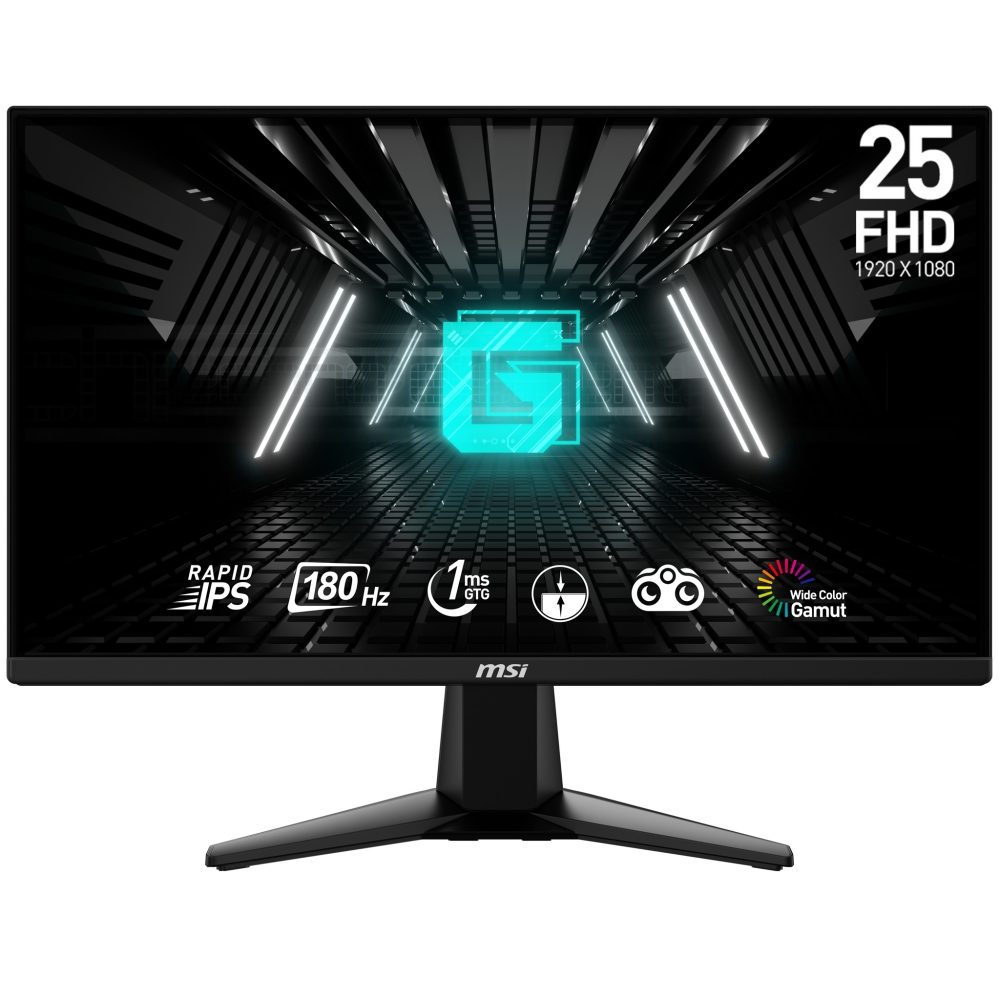MSI G255F Gaming Monitor, 24.5", 1ms, 180Hz Rapid IPS, 1920x1080 FHD, AMD FreeSync Premium, Night Vision, Anti-Flicker, Less Blue Light, 300nits AG, 16.7M, 1000:1, 100M:1, DP(1.2a), 2xHDMI (2.0b), Headphone out, Tilt, VESA 100, Black, 3.24kg