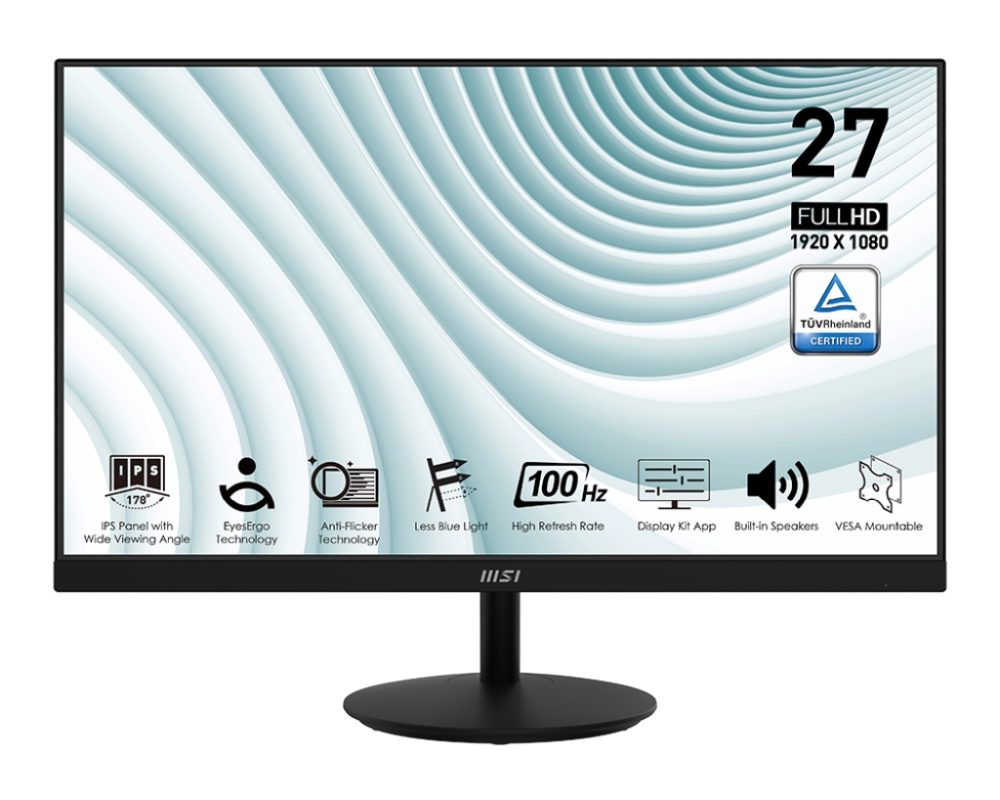 Монитор MSI PRO MP271A, 27", 1ms, 100Hz, IPS, 1920x1080 (FHD), 16:9, ПЛОСЪК, Display Kit App, Adaptive-Sync, EyesErgo, Less Blue Light, 108% SRGB, AG, 300 нита, 1000:1, DP(1.2a), HDMI 1.4b, VGA, Line-in, Високоговорители 2x2W, Наклон, VESA, Черен, 3.9kg