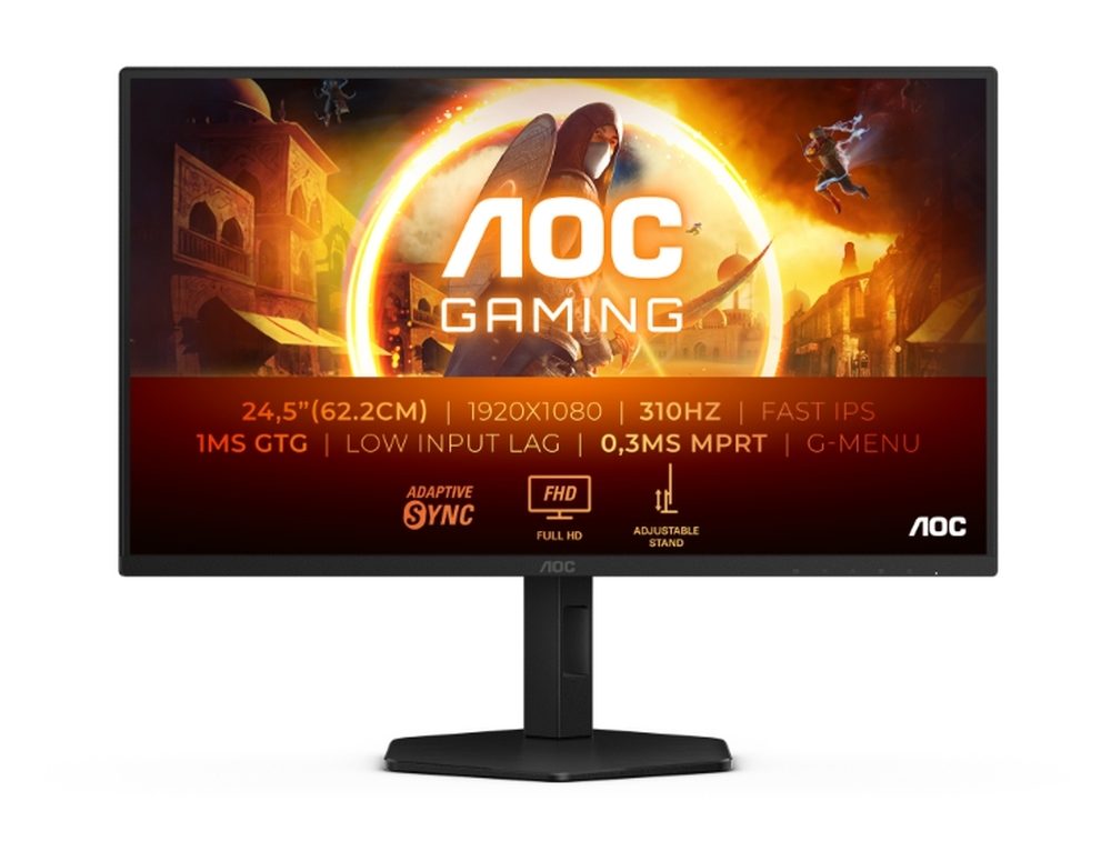 AOC 25G4SXU, 24.5" Fast IPS WLED, 1920x1080@300Hz/310Hz, 1ms GtG, 0.3ms MPRT, 1000:1, 80M:1 DCR, Adaptive Sync, FlickerFree, Low Blue Light, Tilt, Height Adjust, Pivot, Swivel, 2xHDMI, DP, USB hub
