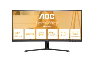 AOC CU34B3E, 34" извит 1500R, VA, WLED, 3440x1440@120Hz, 4ms GtG, 1ms MPRT, 300cd/m2, 3500:1, 50M:1 DCR, Adaptive Sync, FlickerFree, Low Blue Mode, Tilt, HDMI, DP