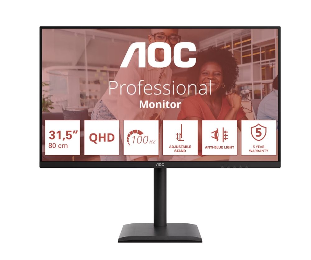 Монитор AOC Q32E4U, 31.5" IPS WLED, 2560x1440@100Hz, 4ms GtG, 350cd/m², 1000:1, 20M:1 DCR, Adaptive Sync, FlickerFree, Anti Blue Mode, 3Wx2, Tilt, Height Adjust, Pivot, Swivel, 2xHDMI, DP, USB Hub