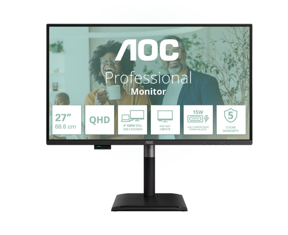 AOC Q27P4CV, 27" IPS WLED, 2560x1440@120Hz, 4ms GtG, 350cd/m², 1500:1, 50M:1 DCR, Adaptive Sync, FlickerFree, Anti-Blue Light, 2Wx2, Tilt, Height Adjust, Pivot, Swivel, HDMI, DP, USB hub, RJ45