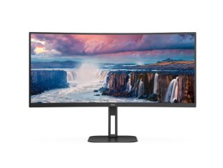 AOC CU34V5C/BK 34" Извит 1500R VA WLED монитор, 3440x1440@100Hz, 4ms GtG, 1ms MPRT, 300cd/m², 3000:1, 20M:1 DCR, Adaptive Sync, FlickerFree, Low Blue Light, 5Wx2, Tilt, Height Adjust, Swivel, HDMI, DP, USB hub