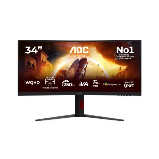 AOC CU34G4ZCA, 34" Curved 1500R, Fast VA, WLED, 3440x1440@250Hz, 1ms GtG, 0.3ms MPRT, 450cd/m2, 3000:1, Adaptive Sync, FlickerFree, Low Blue Light, Tilt, Height Adjust, Swivel, 2xHDMI, DP, USB hub