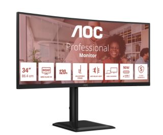 AOC CU34E4CV 34" Извит 1500R VA WLED монитор, 3440x1440@120Hz, 4ms GtG, 350cd/m², 3500:1, 20M:1 DCR, Adaptive Sync, FlickerFree, Anti Blue Mode, 5Wx2, Tilt, Height Adjust, Swivel, 2xHDMI, DP, USB hub, RJ45