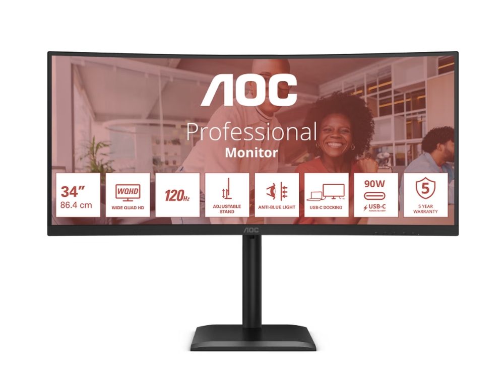 AOC CU34E4CV 34" Извит 1500R VA WLED монитор, 3440x1440@120Hz, 4ms GtG, 350cd/m², 3500:1, 20M:1 DCR, Adaptive Sync, FlickerFree, Anti Blue Mode, 5Wx2, Tilt, Height Adjust, Swivel, 2xHDMI, DP, USB hub, RJ45