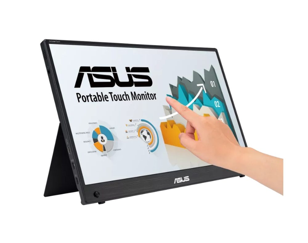 Asus ZenScreen Touch MB16AMTR преносим монитор, 16" FHD (1920 x 1080), IPS, 10-точков тъч, 250 cd/m², вградена батерия, Hybrid Signal Solution, Mini-HDMI, ергономична подпора, отвор за статив, ASUS Flicker Free и Low Blue Light технологии, 2 x 1W, черен