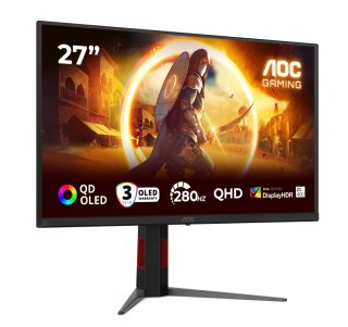 AOC Q27G4ZD 27" QD-OLED геймърски монитор, 2560x1440@280Hz, 0.03ms GtG, 1.5M:1, 1000cd/m², Adaptive Sync, FlickerFree, Anti Blue Light, Tilt, Height Adjust, Pivot, Swivel, 2xHDMI, DP, USB hub