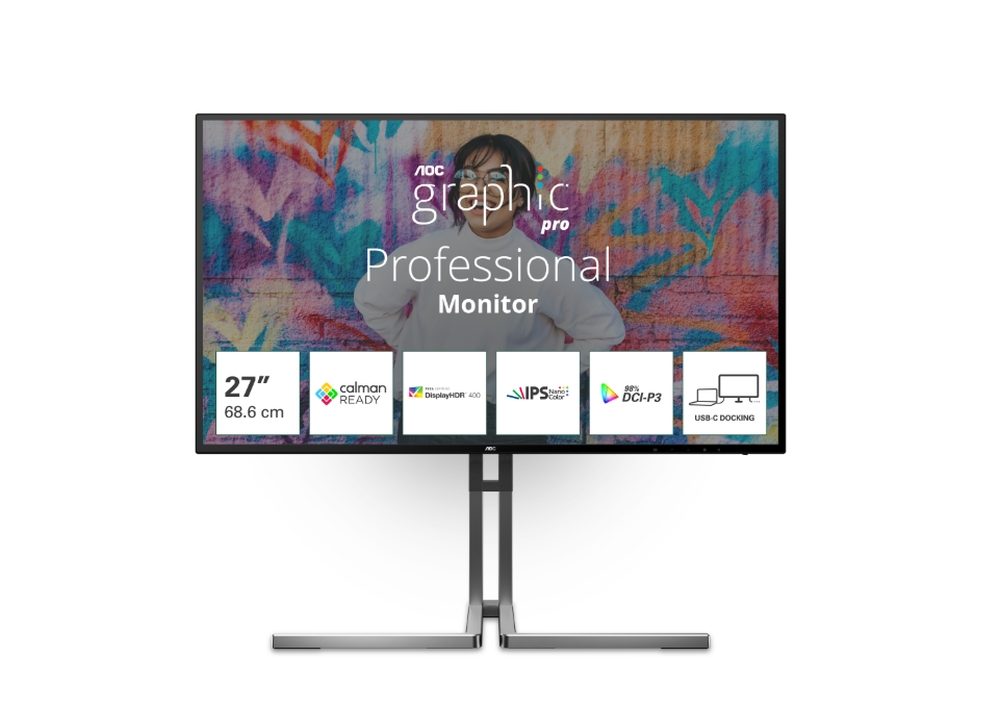 Монитор AOC U27U3CV, 27" Nano IPS WLED, 3840x2160@60Hz, 4ms GtG, 400cd/m², 1300:1, 50M:1 DCR, Adaptive Sync, FlickerFree, Low Blue Light, 3Wx2, Tilt, Height Adjust, Pivot, Swivel, 2xHDMI, DP, USB hub