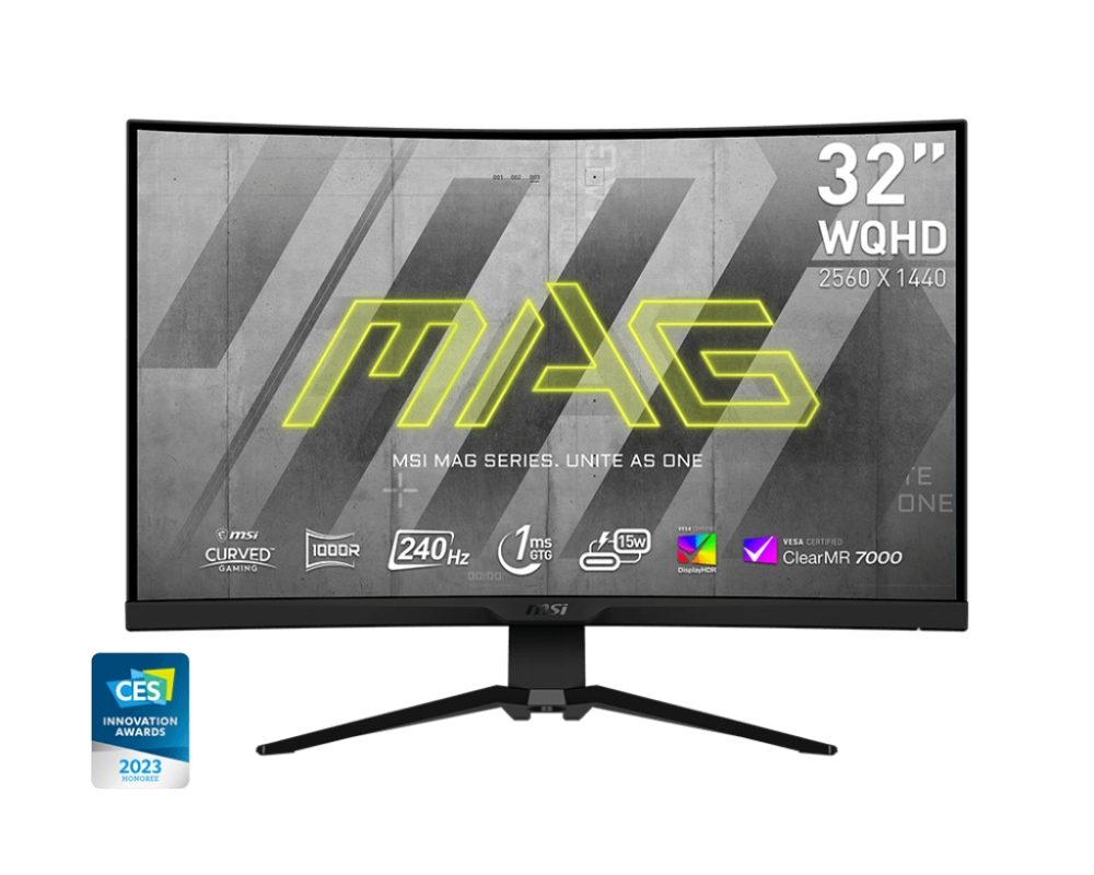 Монитор MSI MAG 325CQRXF, 31.5", Rapid VA, 240Hz, 1ms, WQHD 2560x1440, FreeSync Premium, HDR 400, ClearMR 7000, KVM, Mystic Light, Console mode, 400 nits, 4000:1, 100M:1, DP (1.4a), 2x HDMI (2.0), 1x Type-C (DP alt. PD 15W), USB HUB, Рег. стойка 100mm, Tilt, VESA
