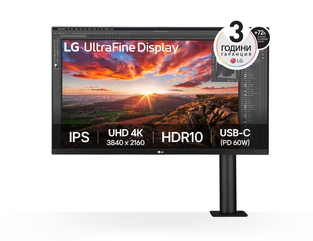 LG 32UN880K-B, 31.5" UltraFine Ergo 4K, IPS AG, DCI-P3 95%, 5ms, 350 cd/m2, 1000:1, 3840x2160, HDR 10, USB Type-C 60W, USB, HDMI, DisplayPort, AMD FreeSync, Speaker 5Wx2, LG Switch, Reader Mode, Tilt/Height/Swivel/Pivot/Extend/Retract, Black