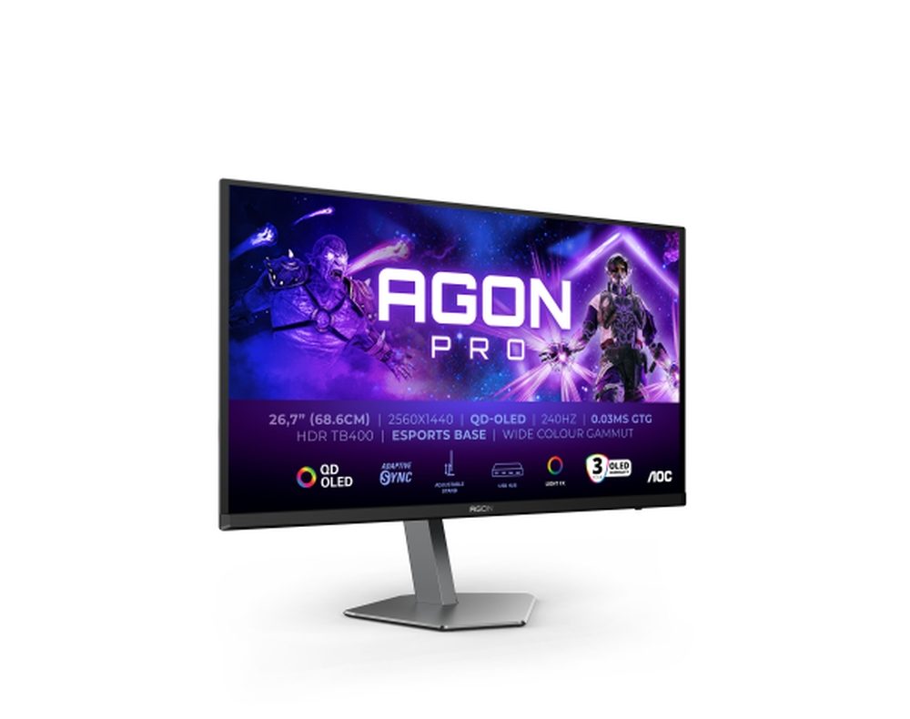 AOC AG276QZD2 26.7" QD-OLED гейминг монитор, 2560x1440@240Hz, 0.03ms, 1000cd/m², 1.5M:1, 80M:1 DCR, Adaptive Sync, FlickerFree, Low Blue Light, 5Wx2, Tilt, Height Adjust, Pivot, Swivel, 2xHDMI, 2xDP, USB hub