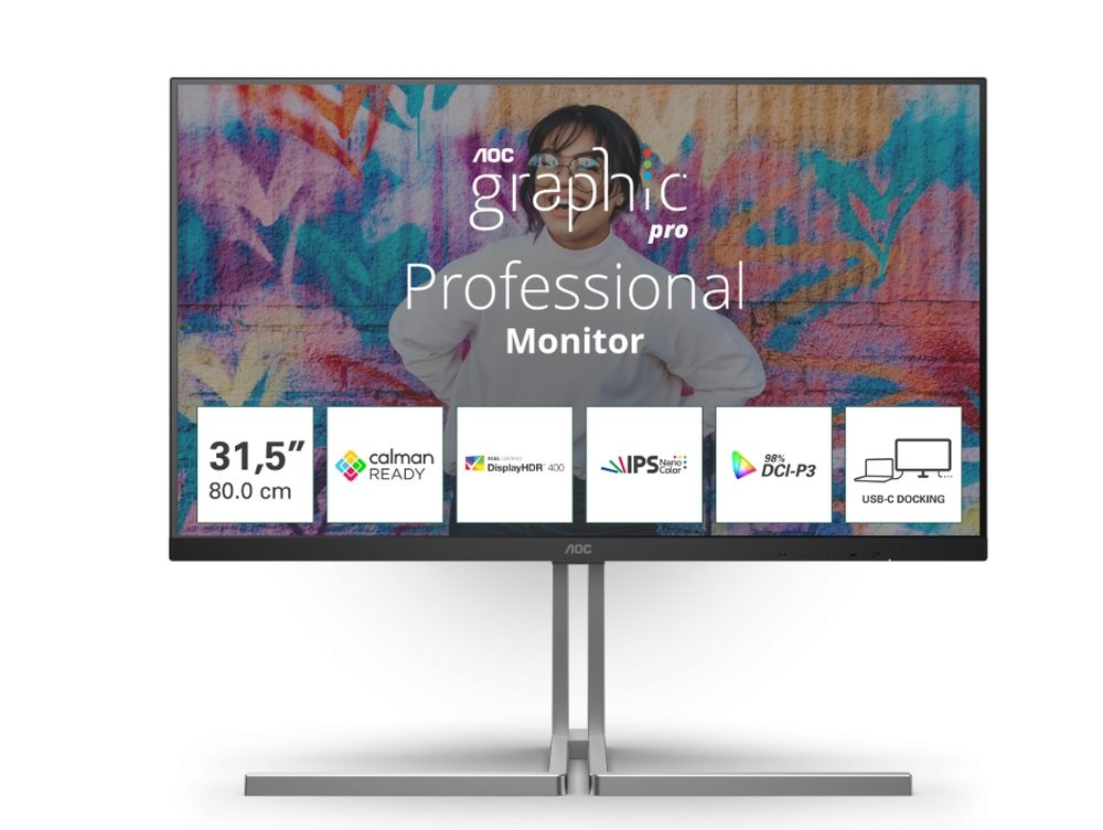 Монитор AOC U32U3CV, 31.5" Nano IPS WLED, 3840x2160@60Hz, 4ms GtG, 400cd/m², 1000:1, 50M:1 DCR, Adaptive Sync, FlickerFree, Anti Blue Light, 3Wx2, Tilt, Height Adjust, Pivot, Swivel, 2xHDMI, DP, USB hub