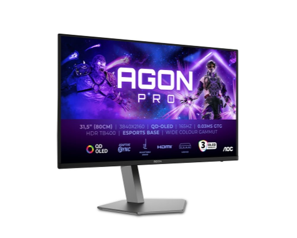 Монитор AOC AG326UD, 31.5" QD-OLED, 3840x2160@165Hz, 0.03ms GtG, 1000cd/m², 1.5M:1, 80M:1 DCR, Adaptive Sync, FlickerFree, Low Blue Light, 8Wx2, Tilt, Height Adjust, Pivot, Swivel, 2xHDMI, DP, USB hub