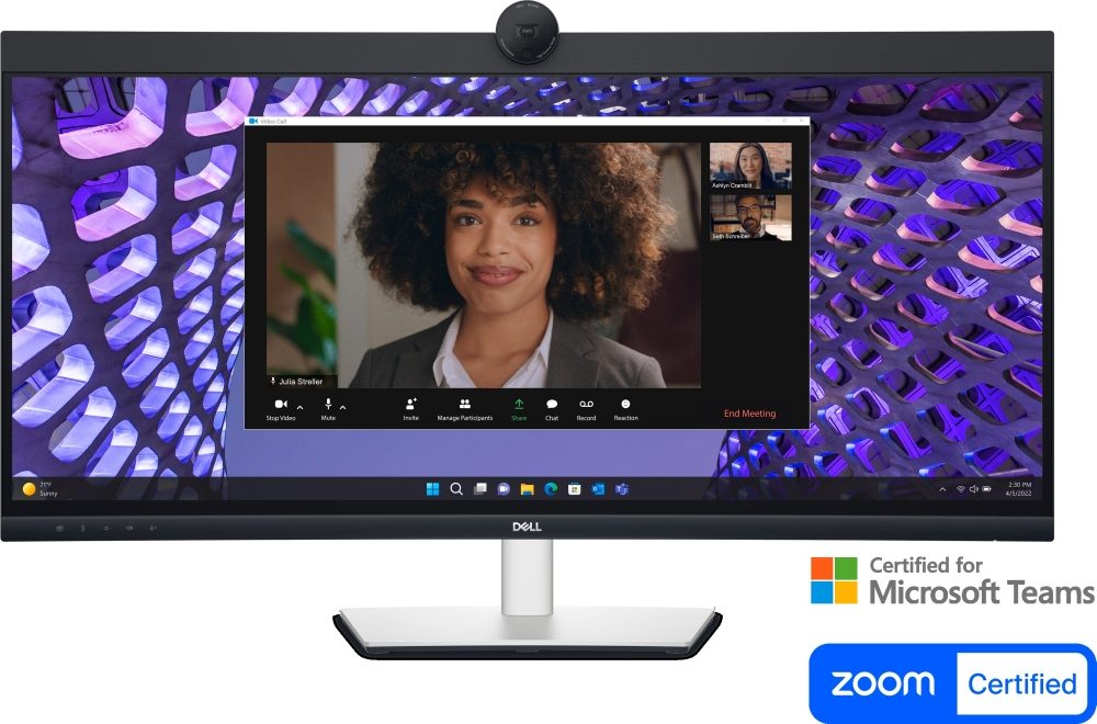Dell P3424WEB 34" извит видеоконферентен монитор, WQHD, IPS, 21:9, 5ms, 1000:1, 300 cd/m2, 3440x1440, 99% sRGB, HDMI, DP, USB-C, USB 3.2 хъб, RJ45, ComfortView Plus, регулиране на височината, завъртане, наклон, черен